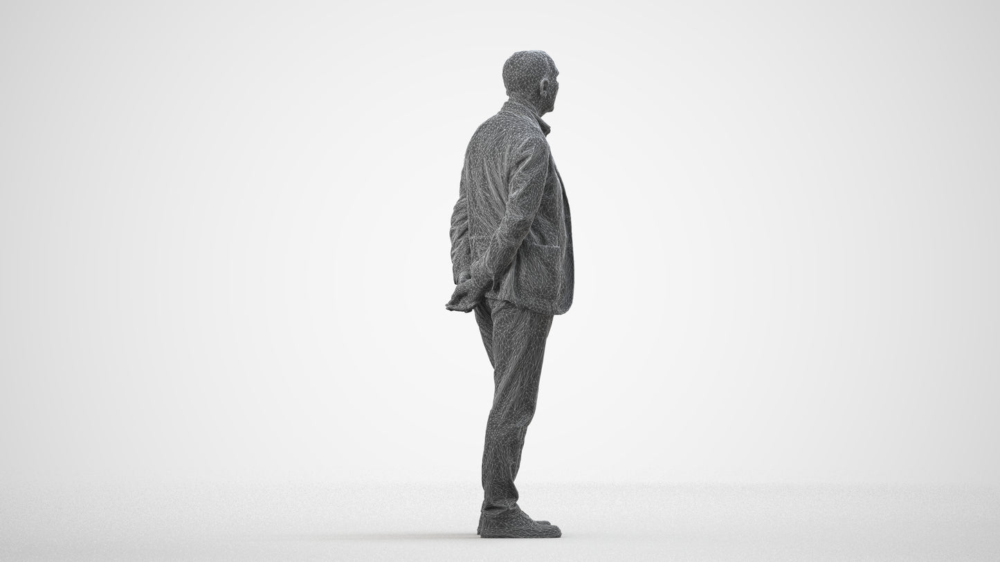 realistic 3D human senior man business standing, archviz people FBX OBJ for Blender, wireframe side view