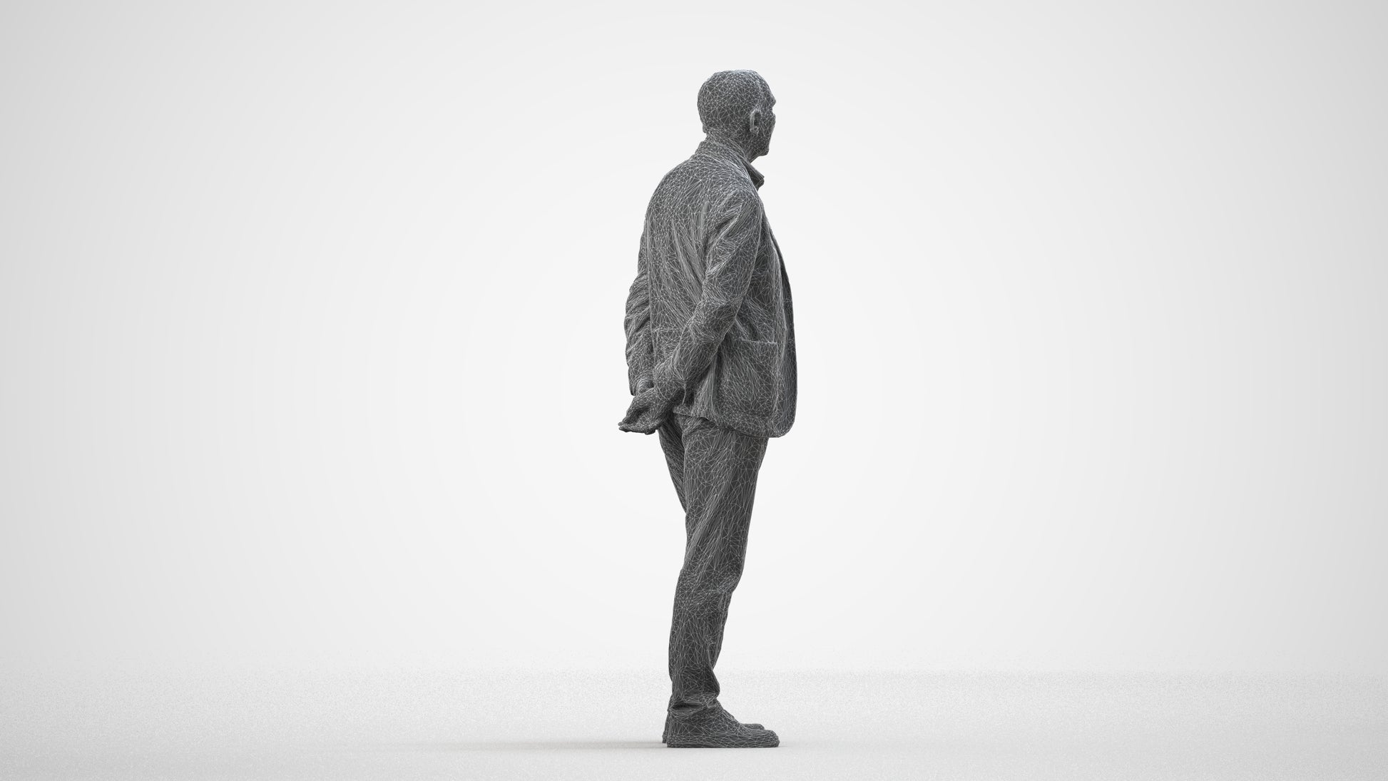 realistic 3D human senior man business standing, archviz people FBX OBJ for Blender, wireframe side view