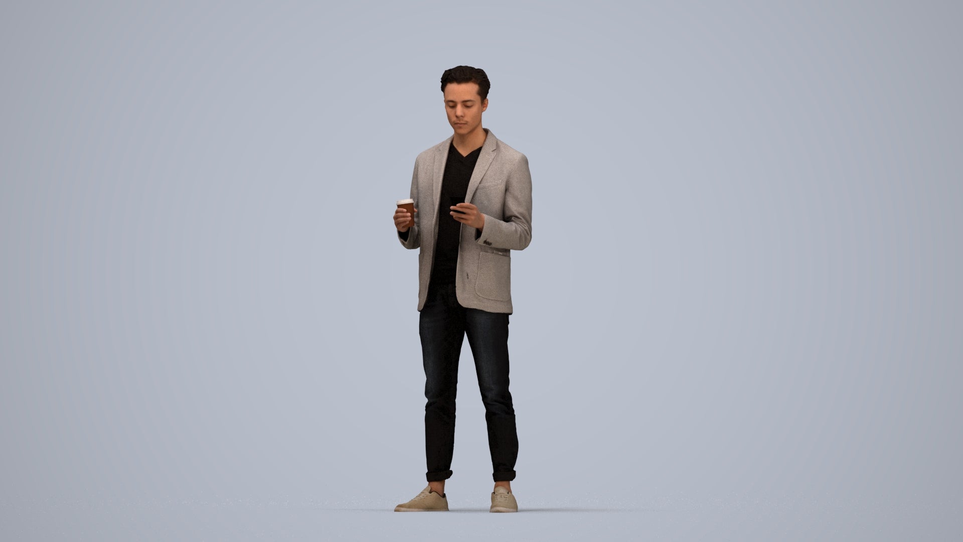 3D human model man business standing, photogrammetry scanned person for archviz, top-down view render
