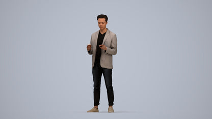 3D human model man business standing, photogrammetry scanned person for archviz, top-down view render