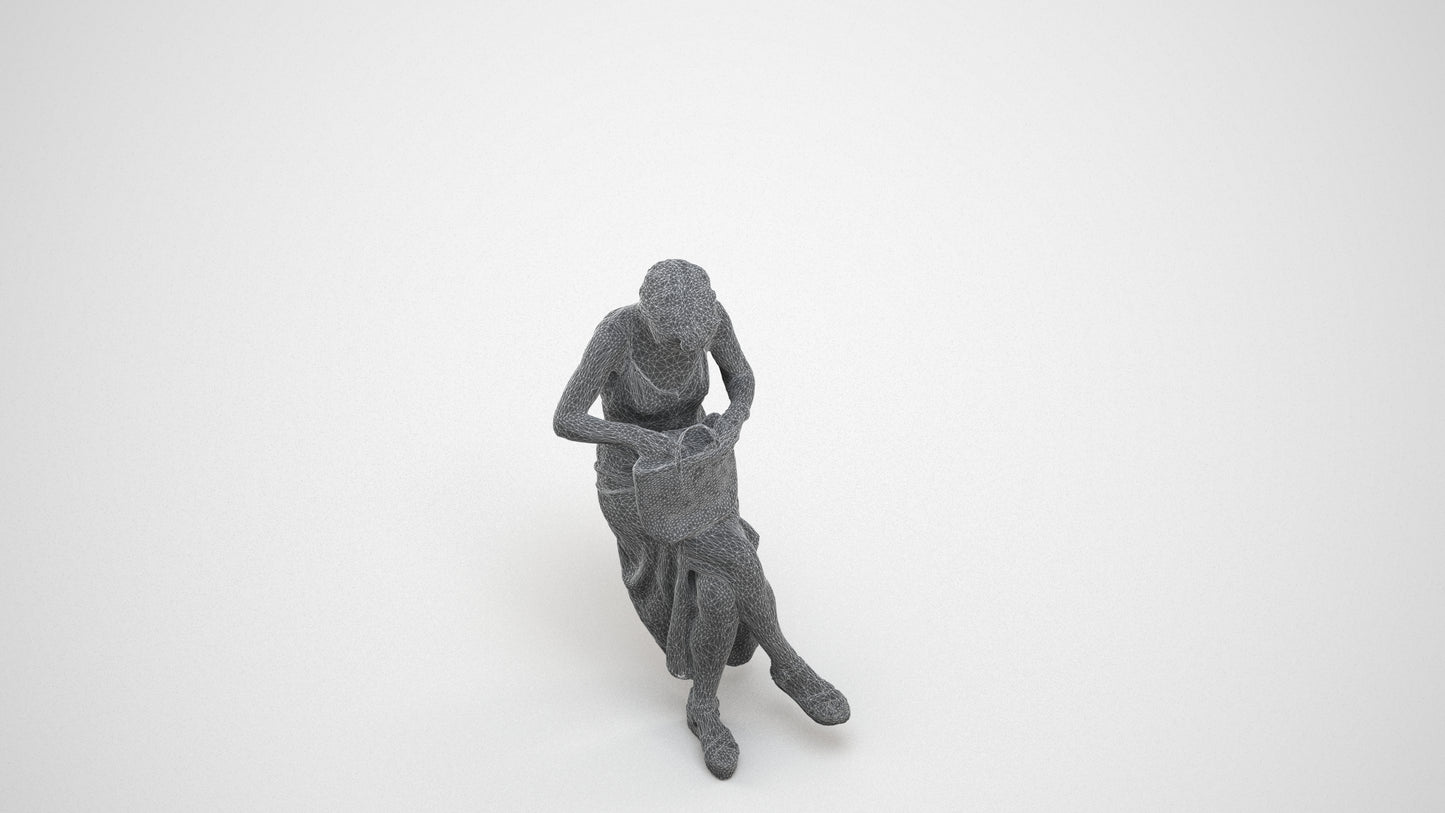 3D human model senior woman sitting, photogrammetry scanned person for archviz, wireframe three-quarter view