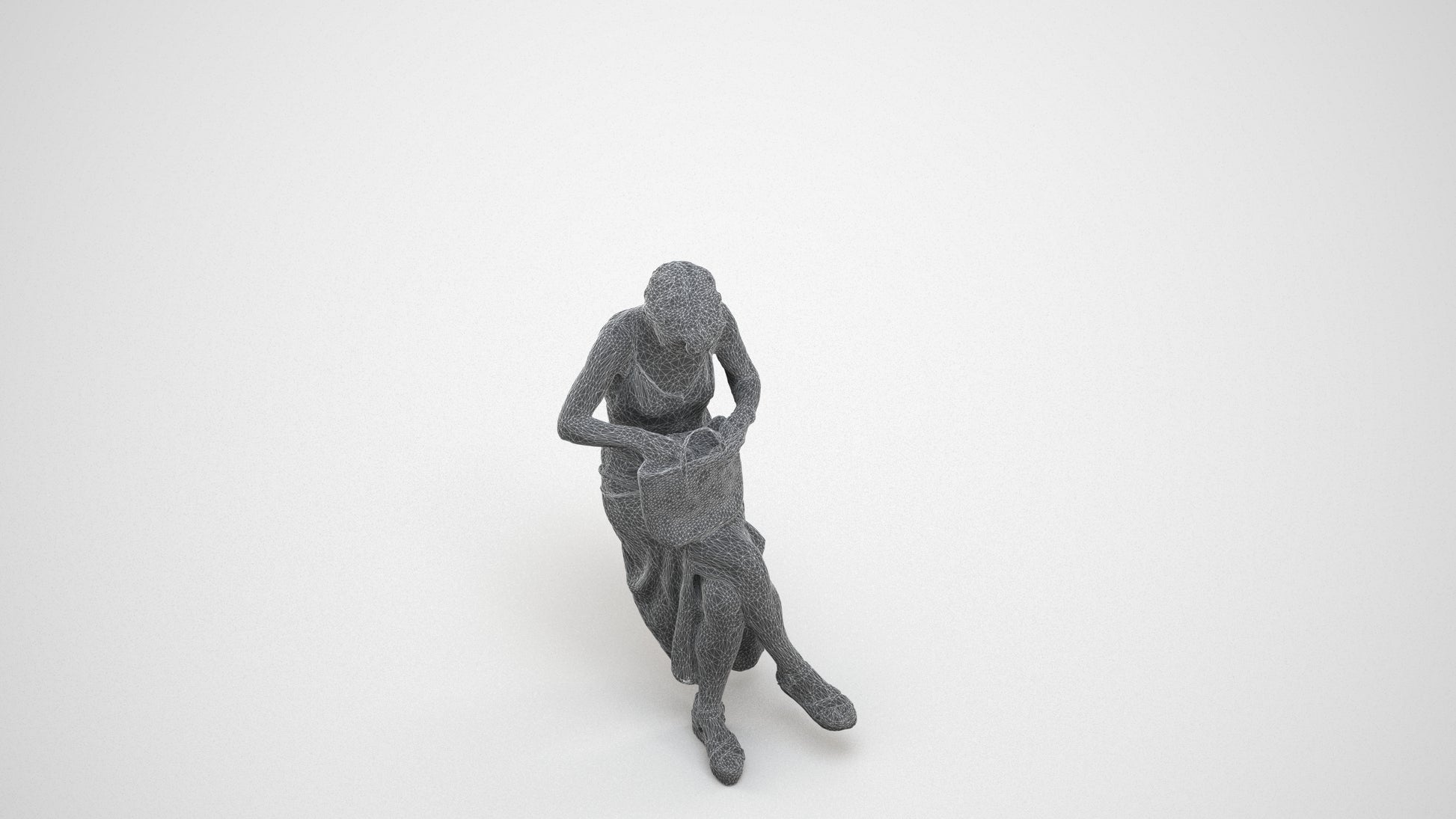 3D human model senior woman sitting, photogrammetry scanned person for archviz, wireframe three-quarter view