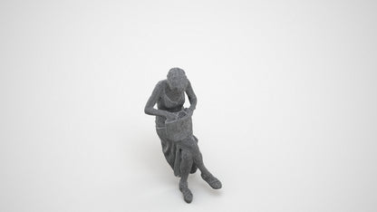 3D human model senior woman sitting, photogrammetry scanned person for archviz, wireframe three-quarter view