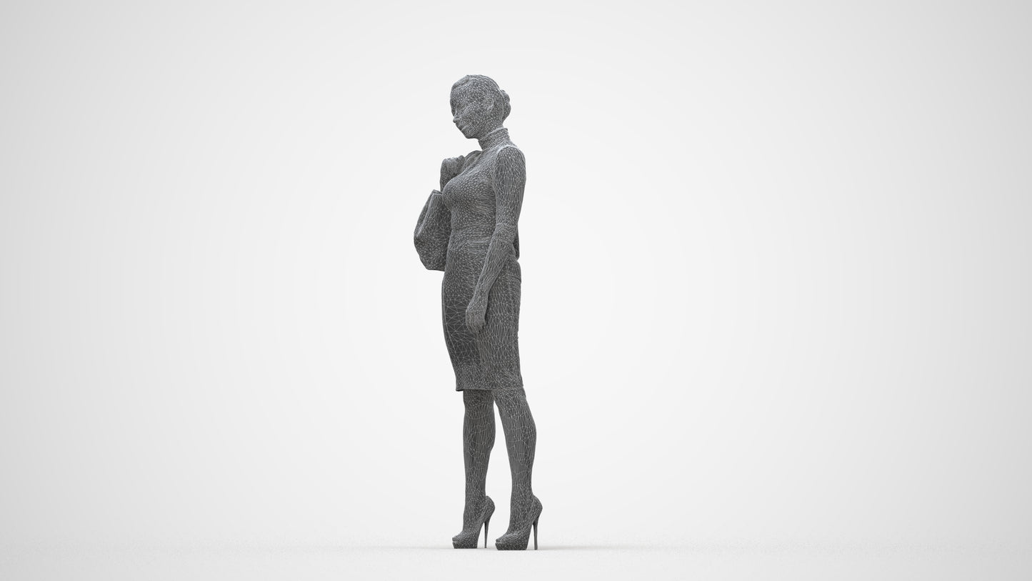 3D scanned woman standing business, photorealistic archviz people for Enscape and SketchUp, wireframe back view
