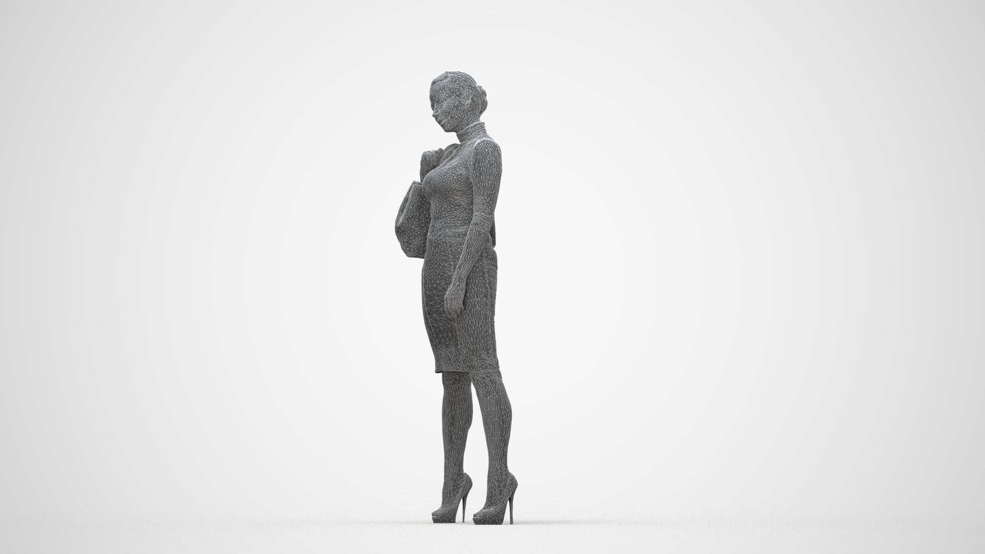 3D scanned woman standing business, photorealistic archviz people for Enscape and SketchUp, wireframe back view