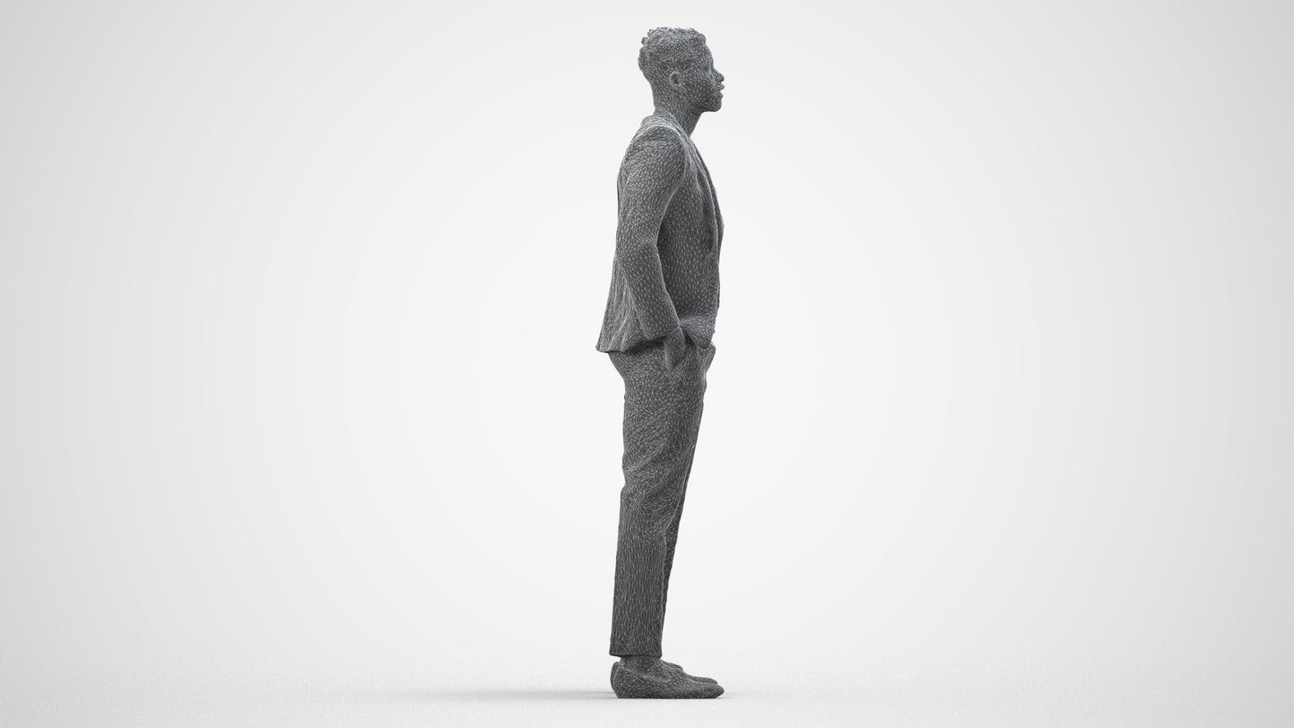 3D human model man casual formalaffairs, photogrammetry scanned person for archviz, wireframe side view