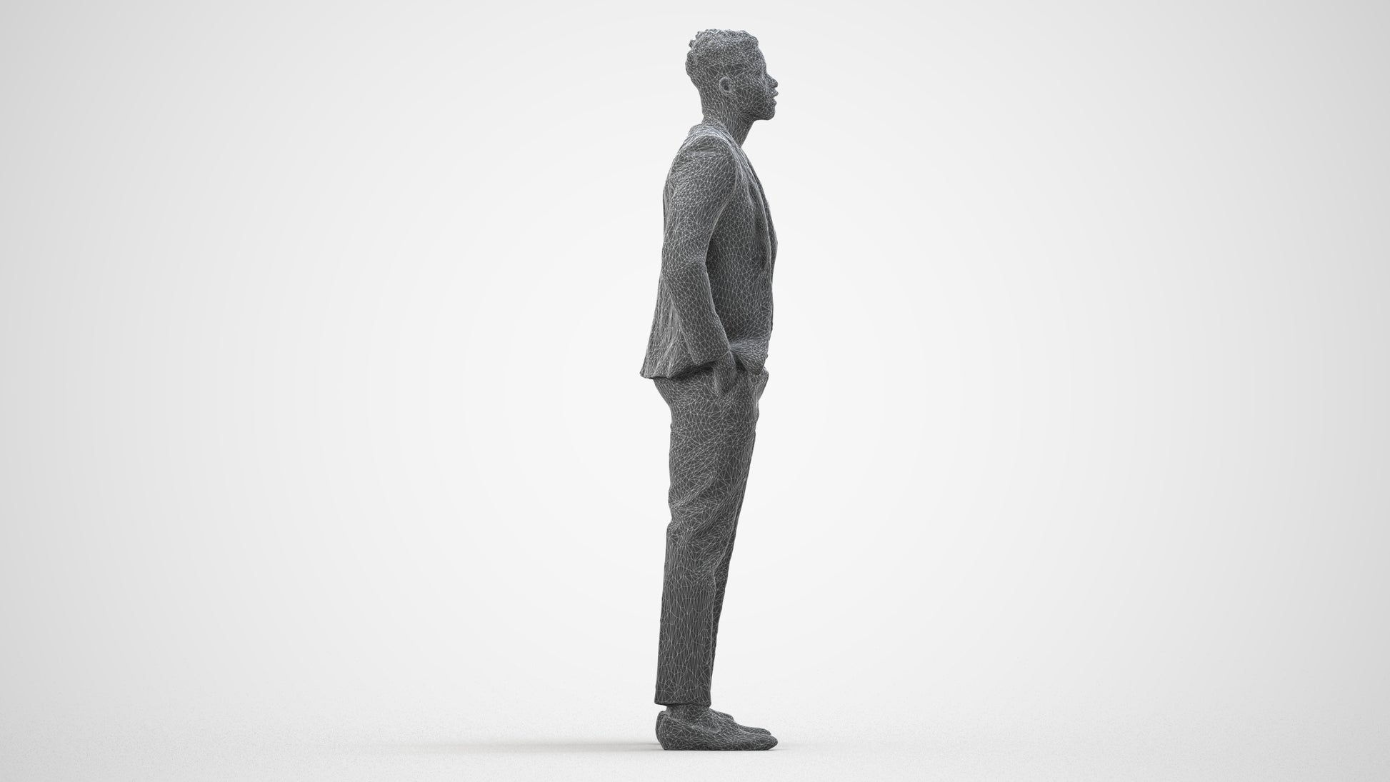 3D human model man casual formalaffairs, photogrammetry scanned person for archviz, wireframe side view