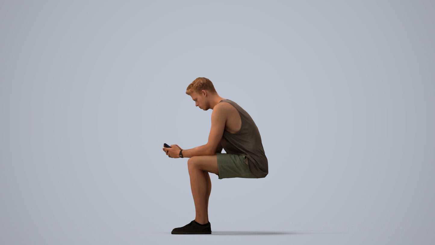 3D people model man casual sitting, scanned human for 3ds Max rendering, three-quarter view render