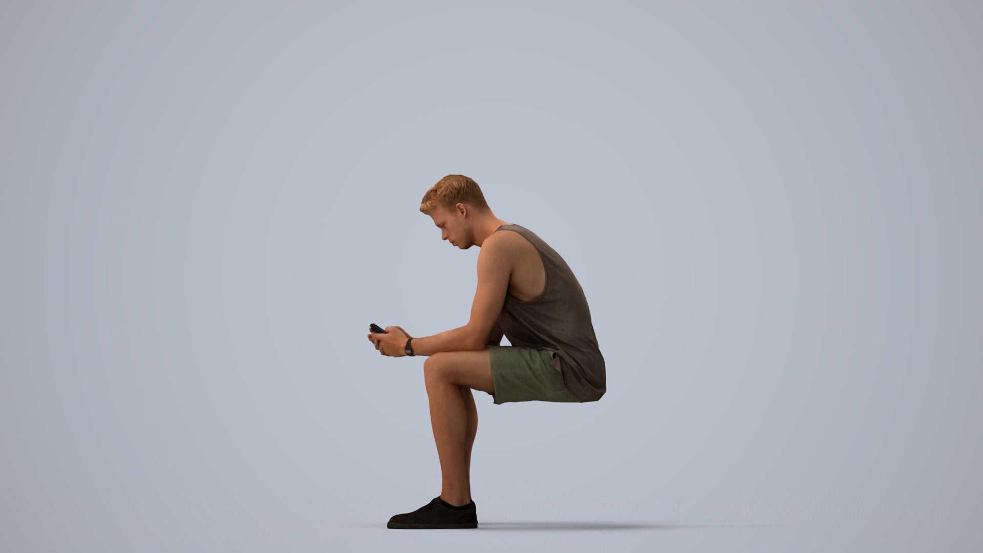 3D people model man casual sitting, scanned human for 3ds Max rendering, three-quarter view render
