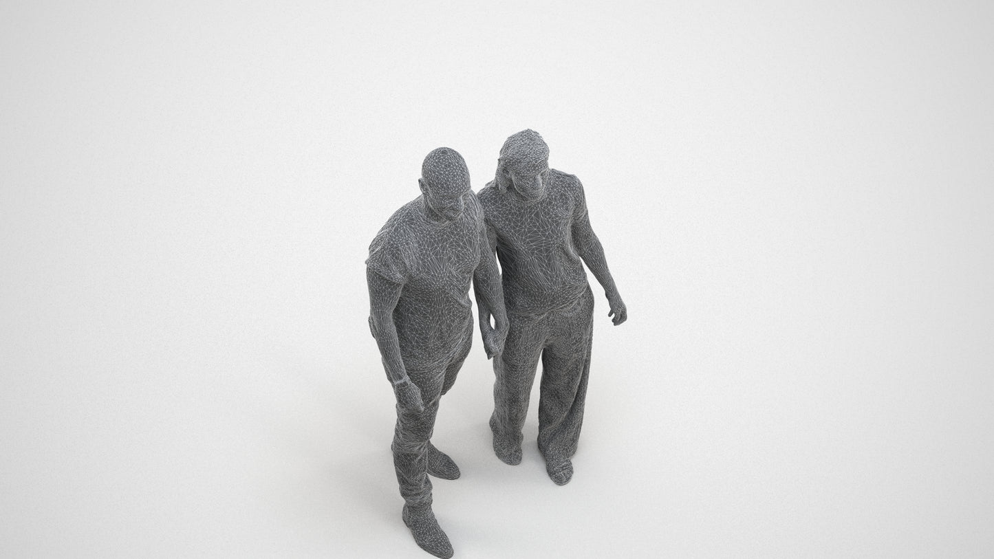 realistic 3D people woman casual couple, render-ready for V-Ray and Corona, FBX OBJ, wireframe three-quarter view