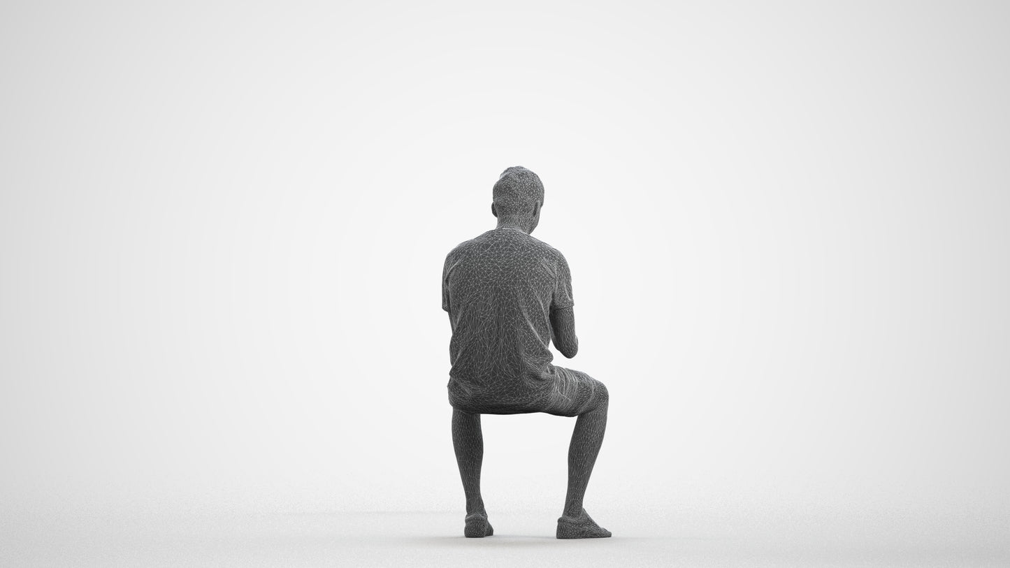 3D scanned man sitting casual, photorealistic archviz people for Enscape and SketchUp, wireframe front view
