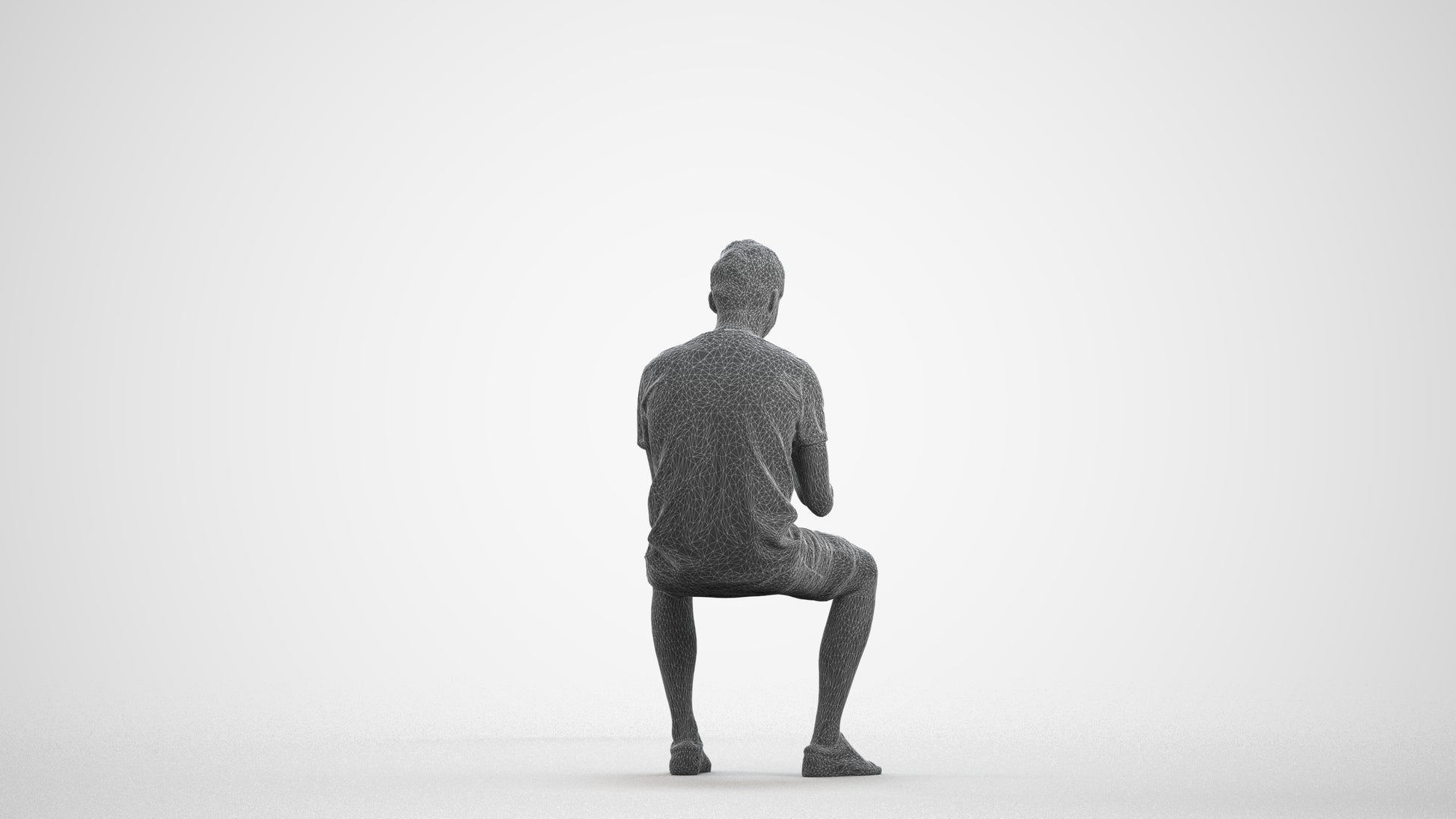 3D scanned man sitting casual, photorealistic archviz people for Enscape and SketchUp, wireframe front view