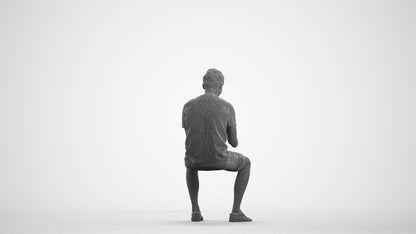 3D scanned man sitting casual, photorealistic archviz people for Enscape and SketchUp, wireframe front view