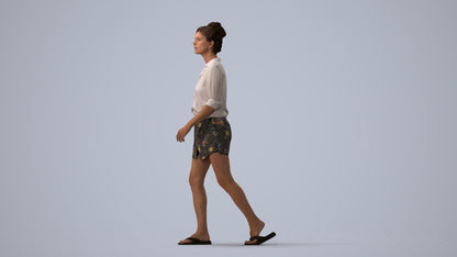 3D human model woman casual standing, photogrammetry scanned person for archviz, three-quarter view render