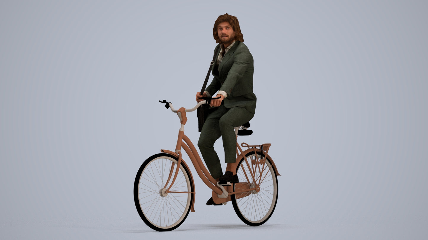 3D human model man business cycling, photogrammetry scanned person for archviz, standing pose render