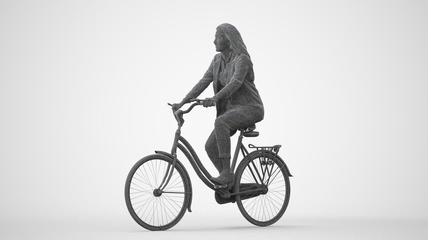 photogrammetry 3D woman business cycling, realistic human model archviz FBX, square thumbnail