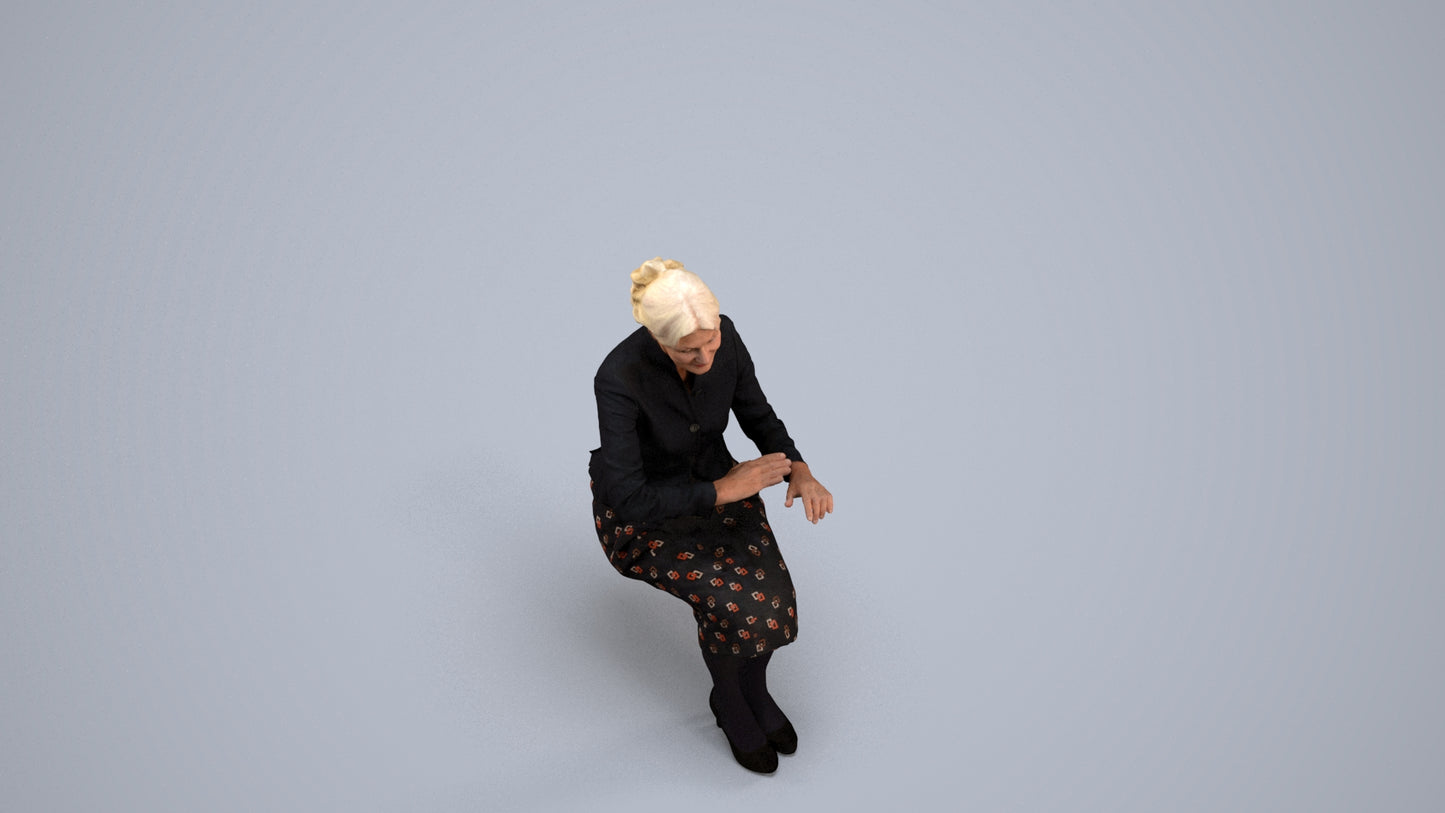 scanned 3D senior woman formal sitting, photogrammetry people for Enscape and V-Ray, back view render