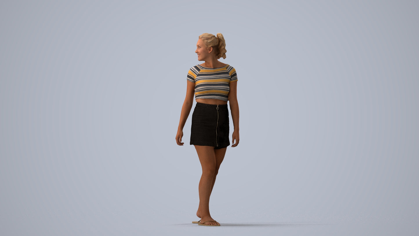 3D people model woman casual walking, scanned human for 3ds Max rendering, three-quarter view render