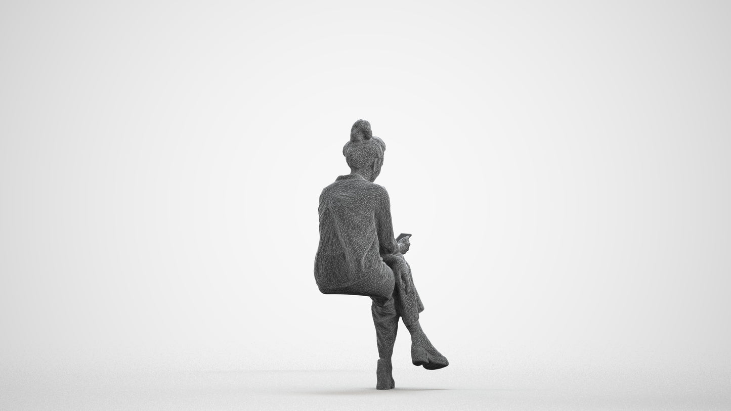 photogrammetry 3D woman casual sitting, realistic human model archviz FBX, wireframe front view
