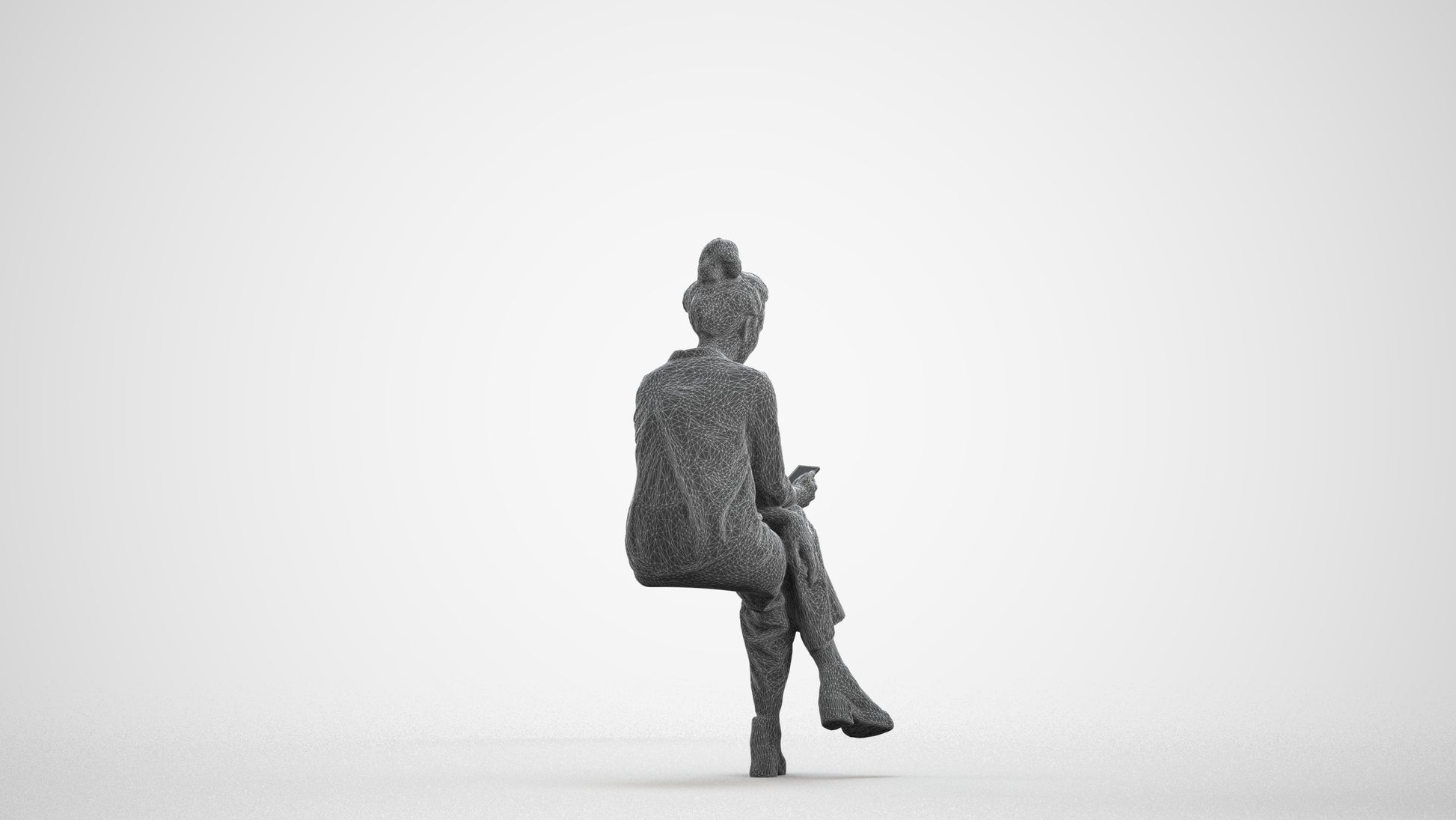 photogrammetry 3D woman casual sitting, realistic human model archviz FBX, wireframe front view