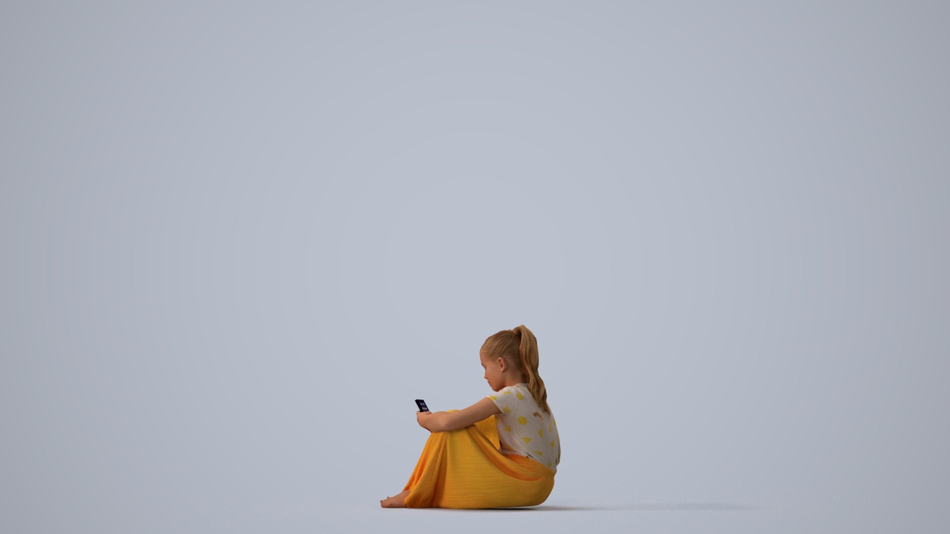 3D human model girl casual kids, photogrammetry scanned person for archviz, three-quarter view render