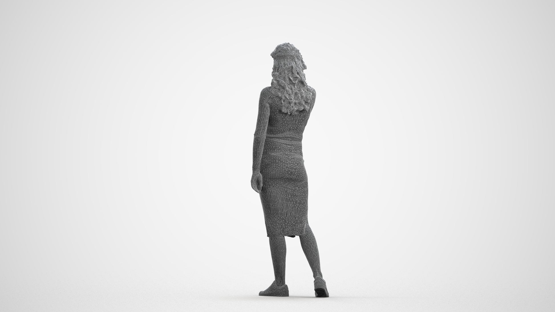 3D human model woman casual walking, photogrammetry scanned person for archviz, wireframe front view