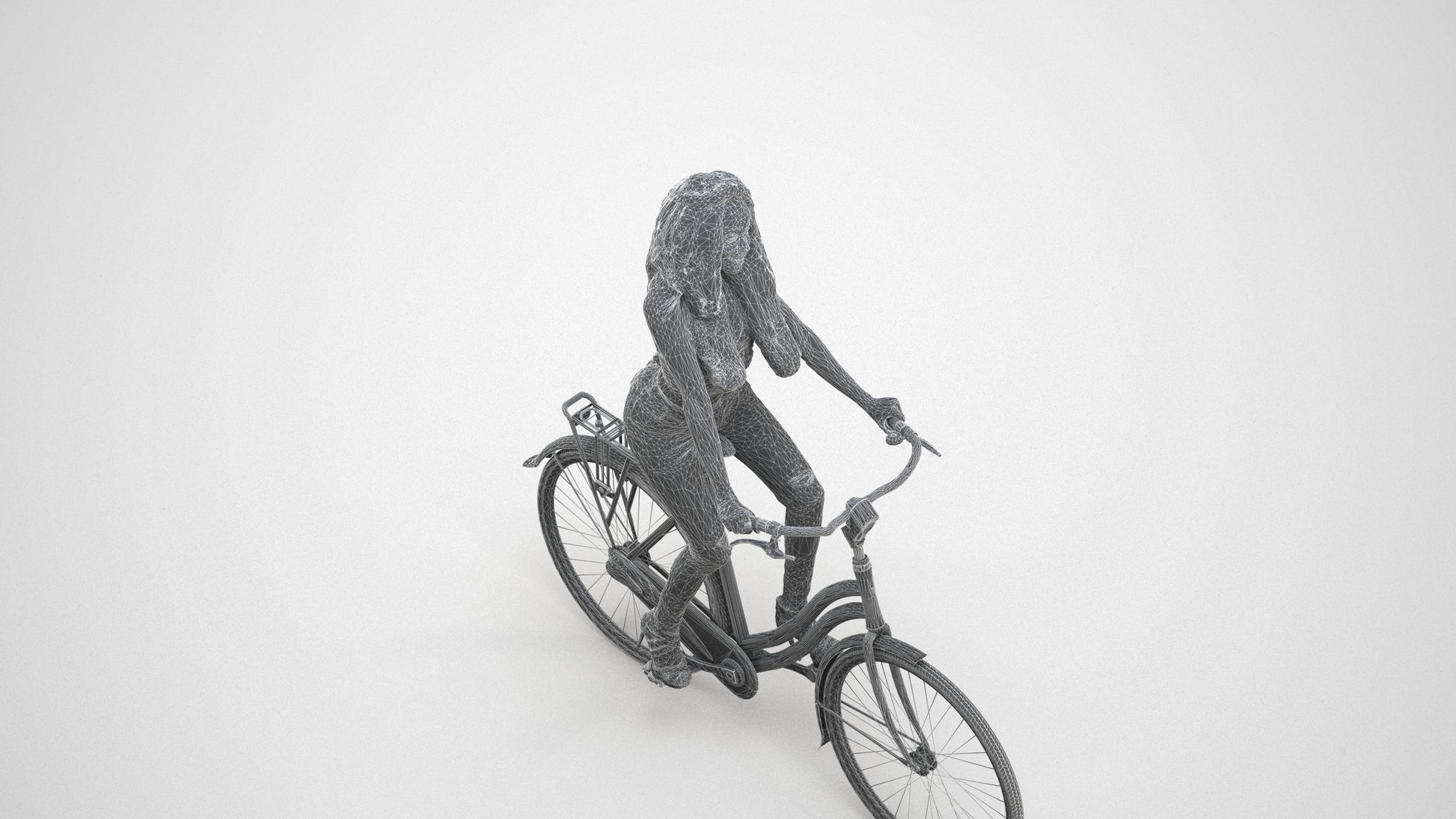3D scanned woman cycling casual, photorealistic archviz people for Enscape and SketchUp, wireframe three-quarter view