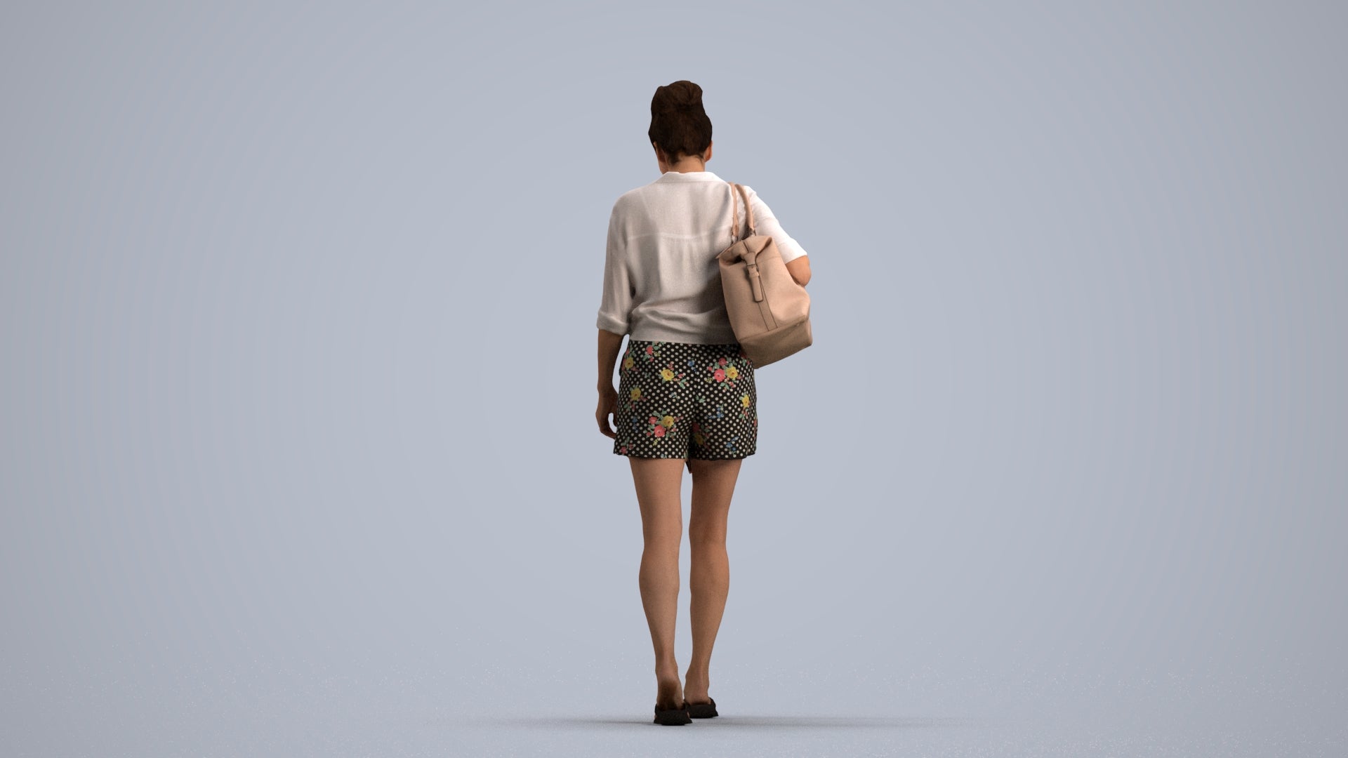 3D human model woman casual walking, photogrammetry scanned person for archviz, front view render