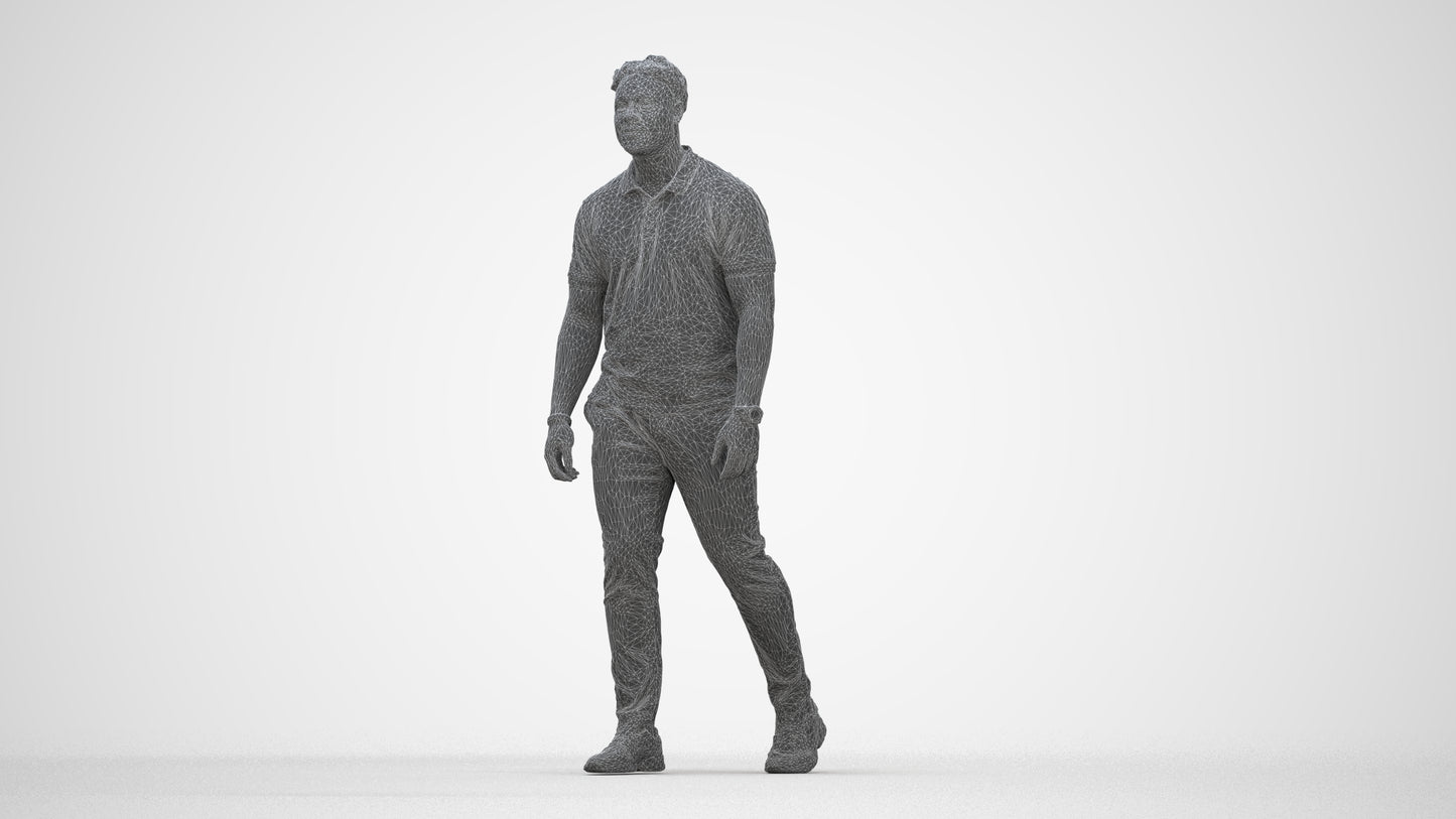 realistic 3D people man casual walking, render-ready for V-Ray and Corona, FBX OBJ, wireframe back view