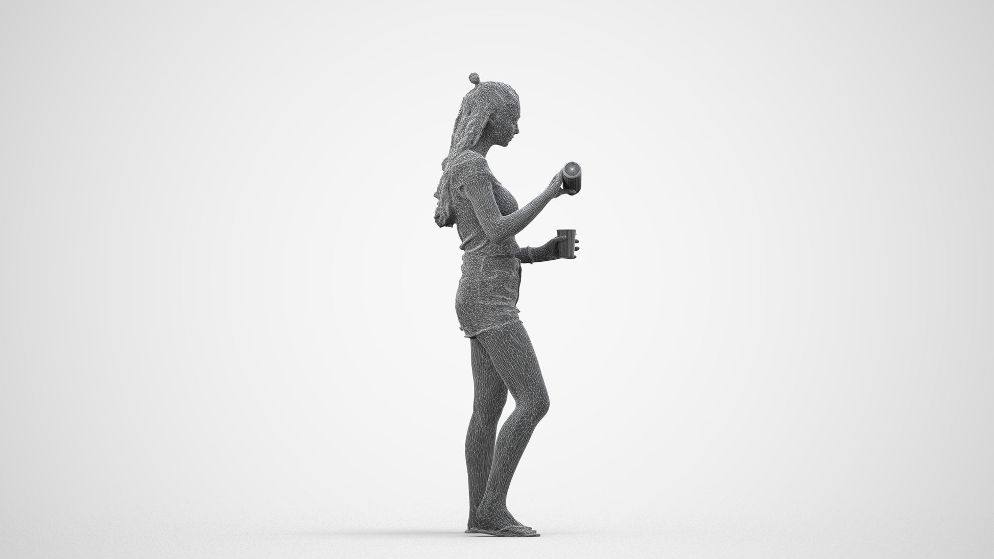 scanned 3D girl casual standing, photogrammetry people for Enscape and V-Ray, wireframe side view