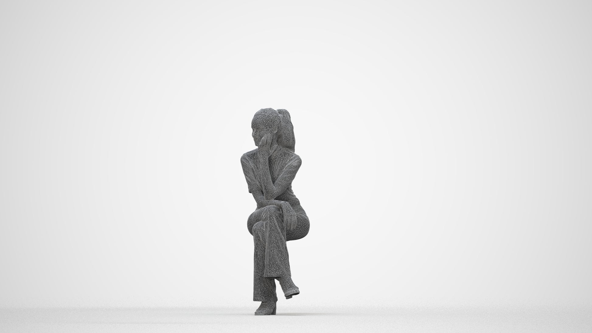 3D people model woman casual sitting, scanned human for 3ds Max rendering, wireframe back view
