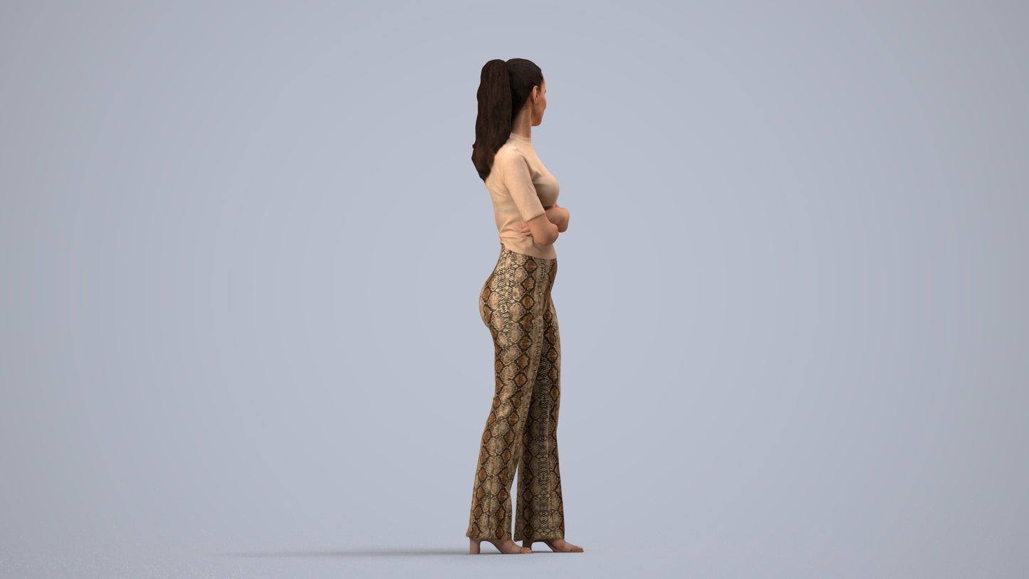 realistic 3D people woman casual standing, render-ready for V-Ray and Corona, FBX OBJ, side view render