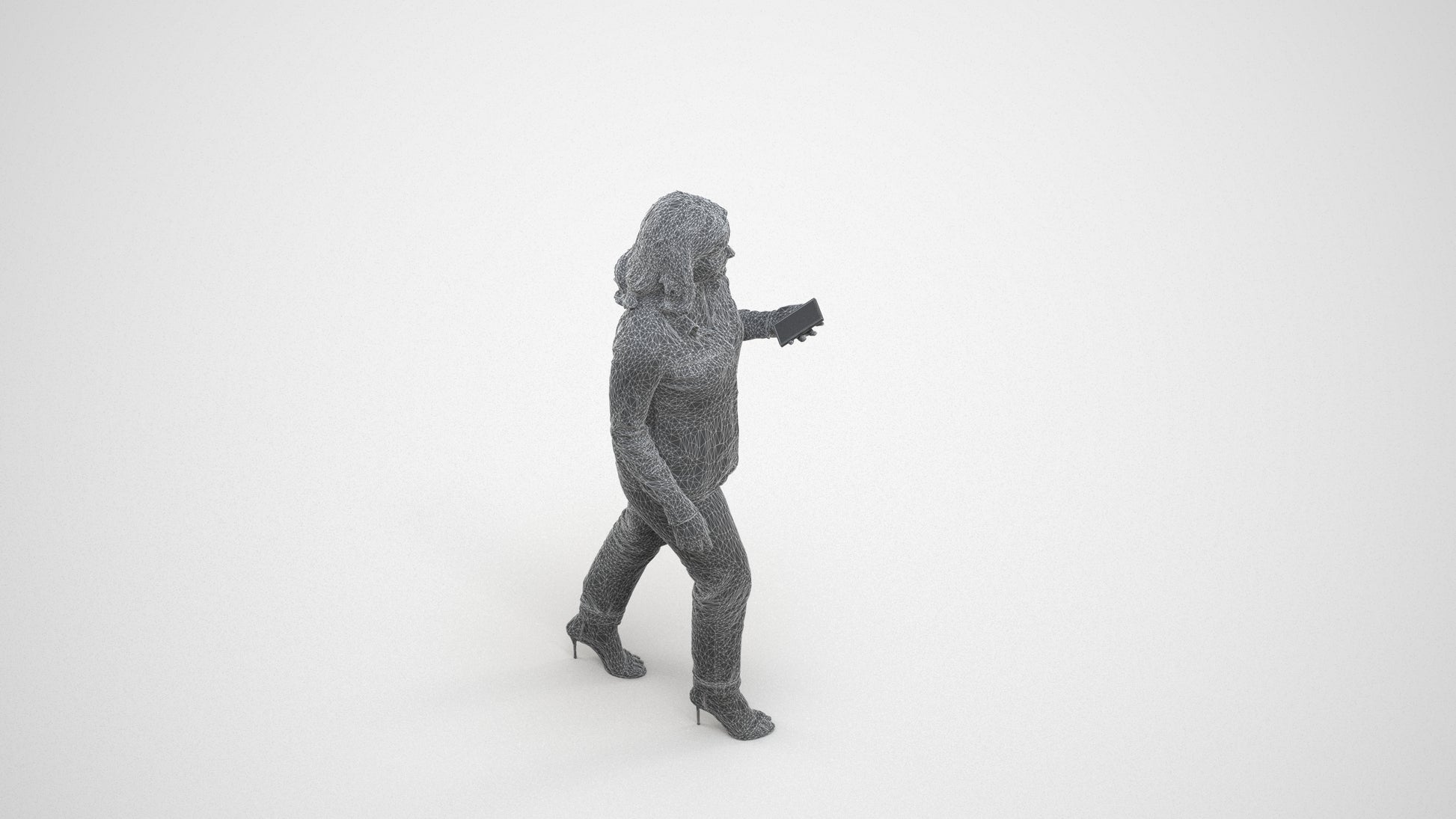 3D scanned woman walking casual, photorealistic archviz people for Enscape and SketchUp, wireframe three-quarter view