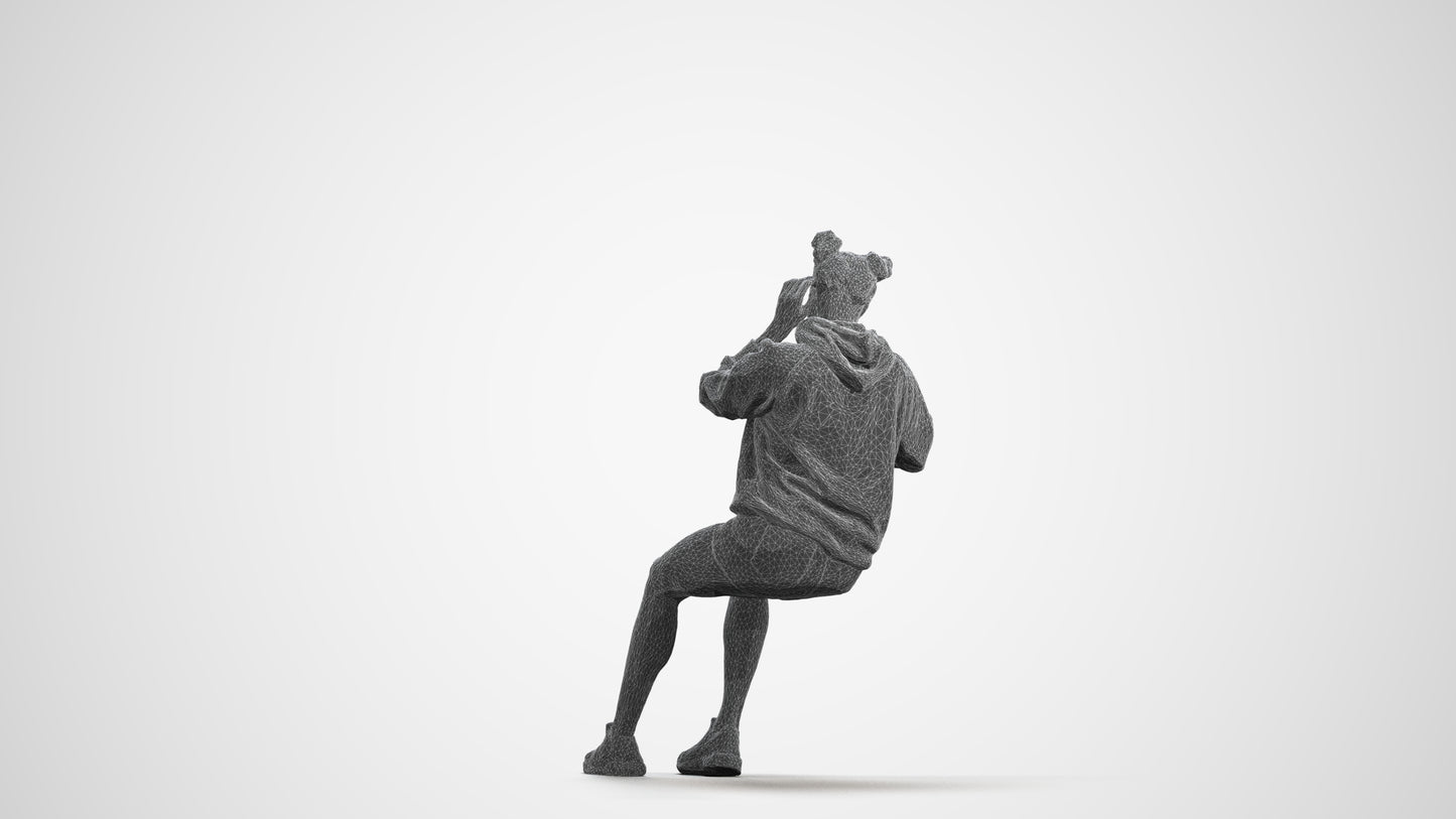 realistic 3D human woman casual sitting, archviz people FBX OBJ for Blender, wireframe front view