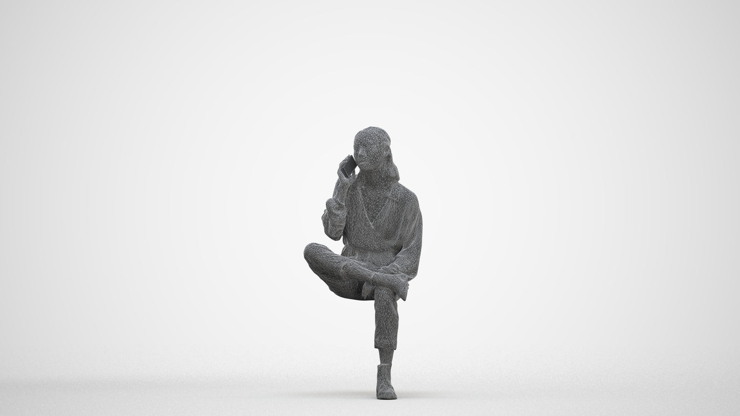 3D people model woman casual sitting, scanned human for 3ds Max rendering, three-quarter front view render