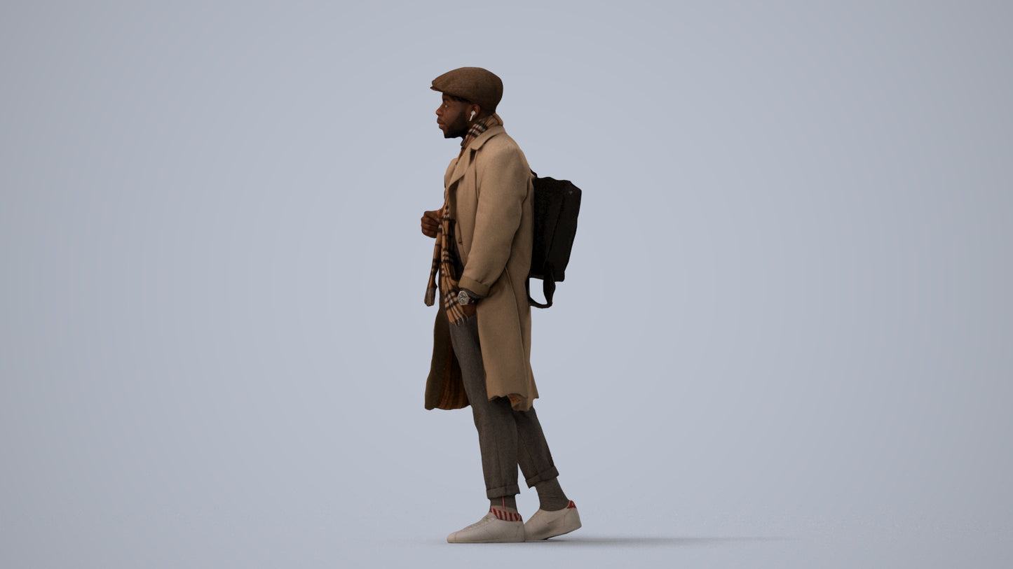 3D human model man casual walking, photogrammetry scanned person for archviz, three-quarter view render