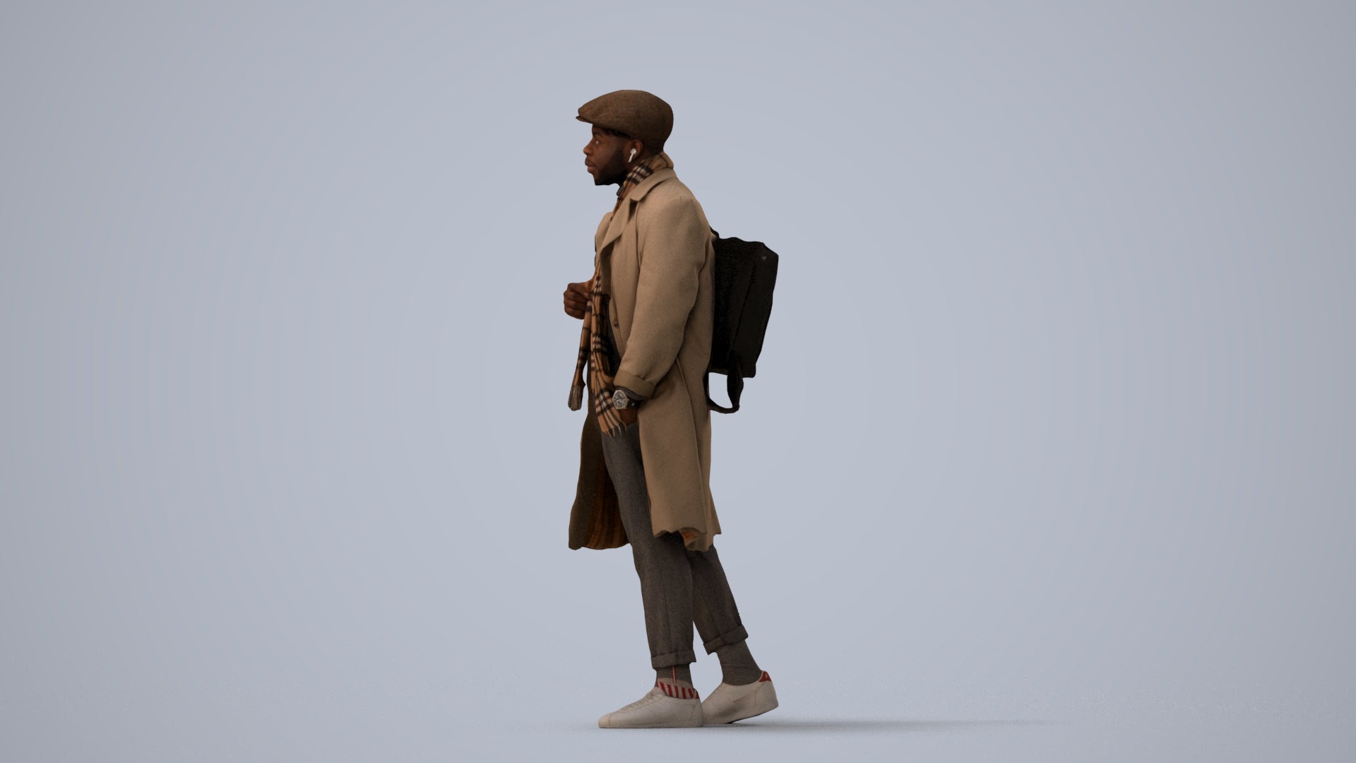 3D human model man casual walking, photogrammetry scanned person for archviz, three-quarter view render