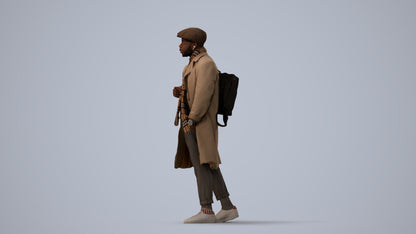 3D human model man casual walking, photogrammetry scanned person for archviz, three-quarter view render
