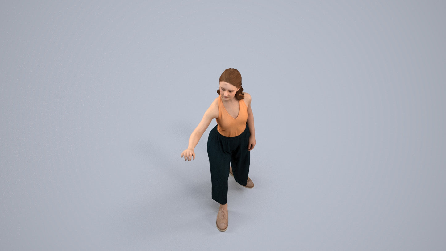 3D human model girl casual door, photogrammetry scanned person for archviz, back view render
