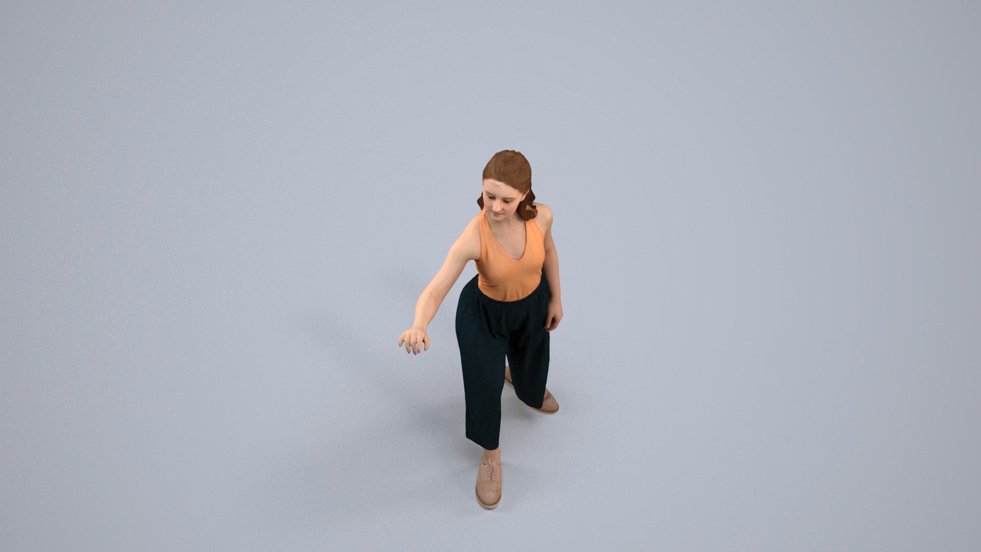 3D human model girl casual door, photogrammetry scanned person for archviz, back view render