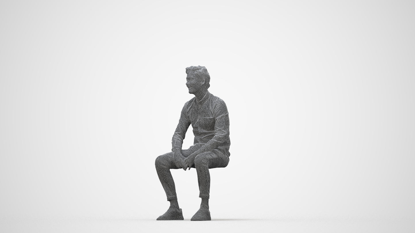 realistic 3D man casual sitting, scanned archviz people for Blender and 3ds Max, wireframe back view