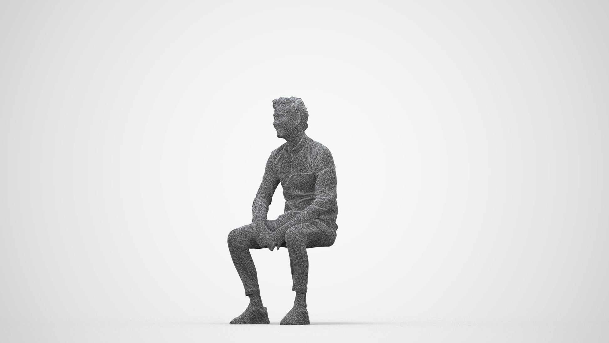 realistic 3D man casual sitting, scanned archviz people for Blender and 3ds Max, wireframe back view
