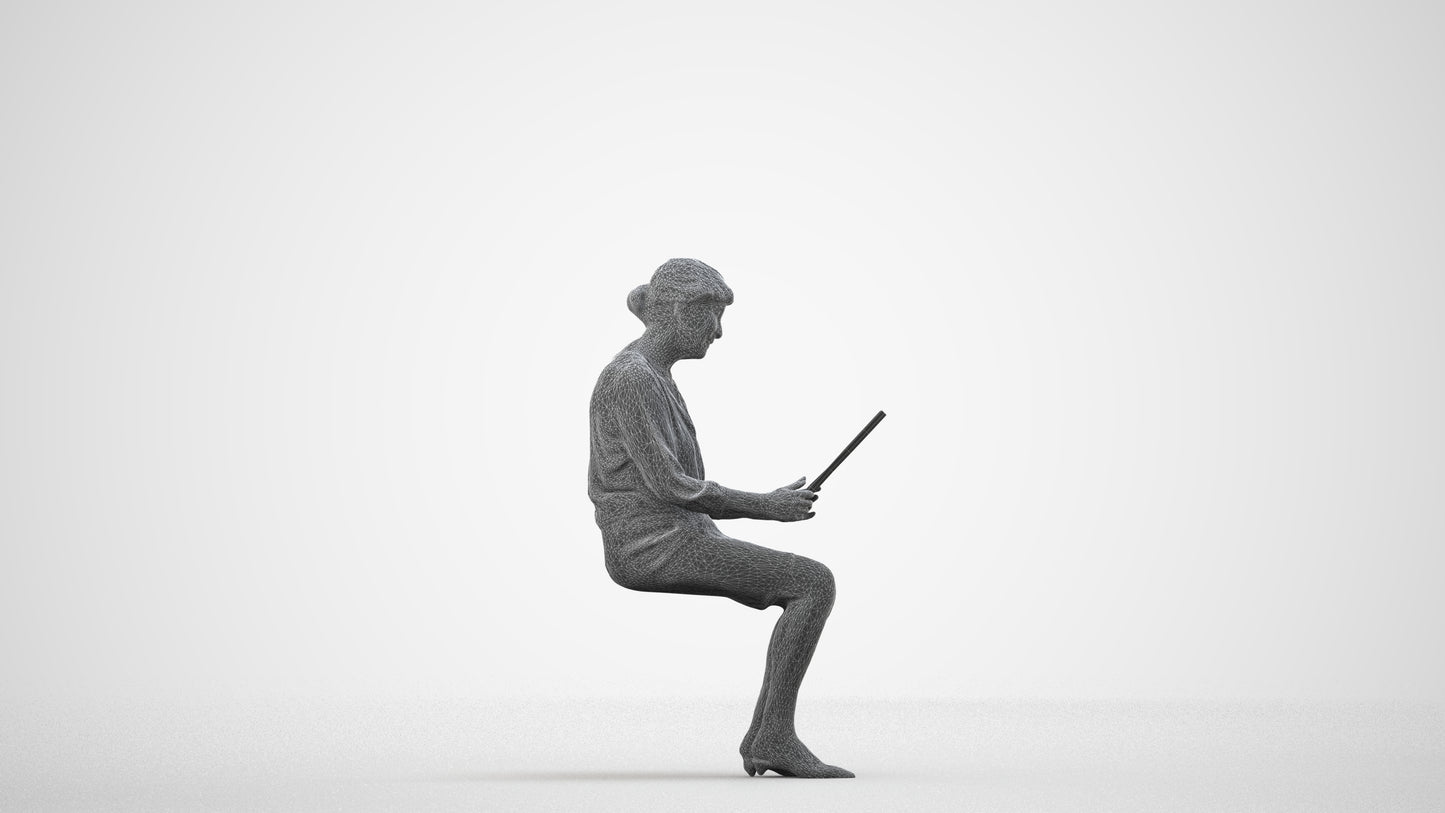 3D people model senior woman business sitting, scanned human for 3ds Max rendering, wireframe side view
