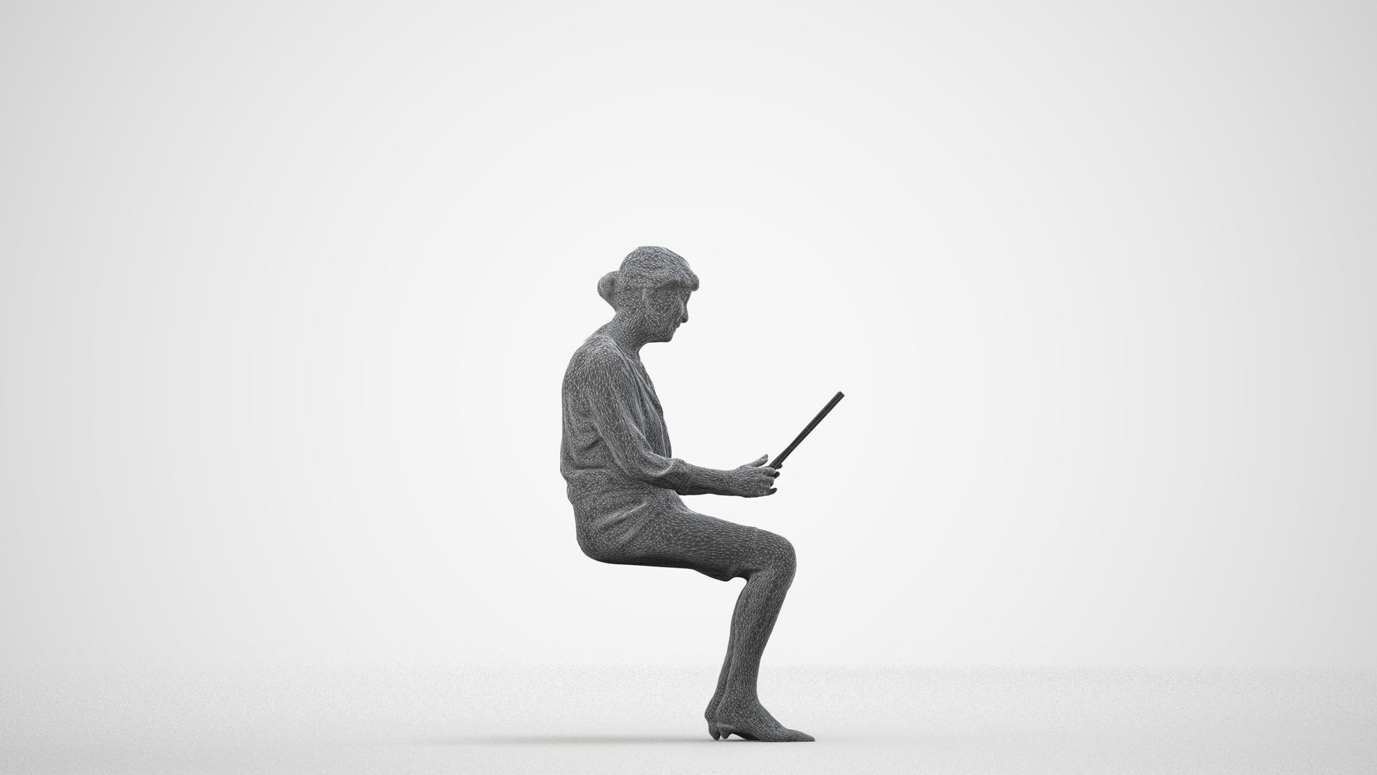 3D people model senior woman business sitting, scanned human for 3ds Max rendering, wireframe side view