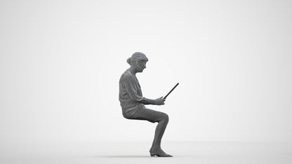 3D people model senior woman business sitting, scanned human for 3ds Max rendering, wireframe side view