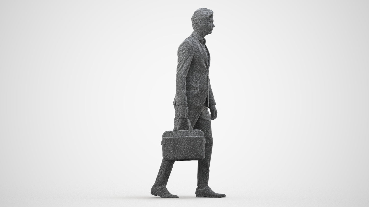 3D human model man business, photogrammetry scanned person for archviz, wireframe side view