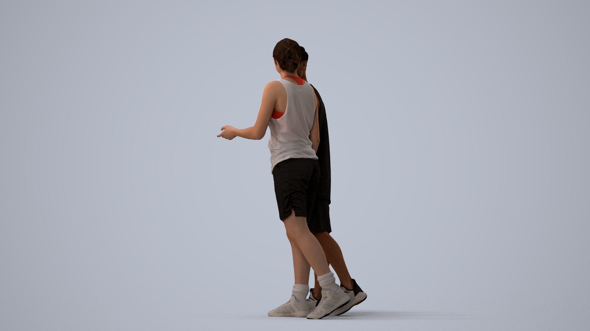 3D human model woman sport, photogrammetry scanned person for archviz, three-quarter view render