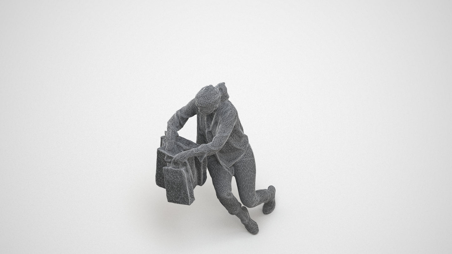 3D human model woman casual shopping, photogrammetry scanned person for archviz, wireframe three-quarter view