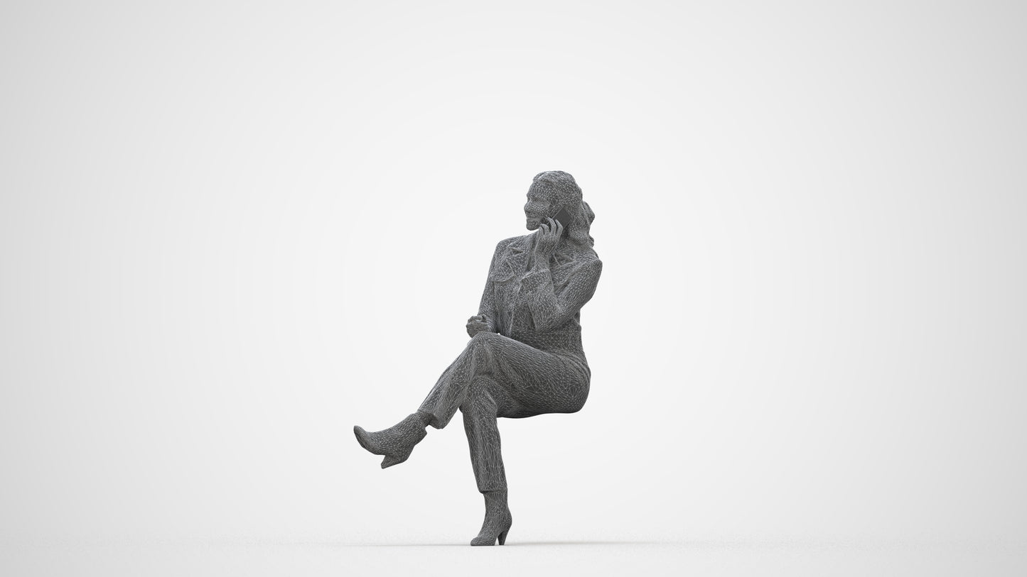 realistic 3D human woman business sitting, archviz people FBX OBJ for Blender, wireframe back view