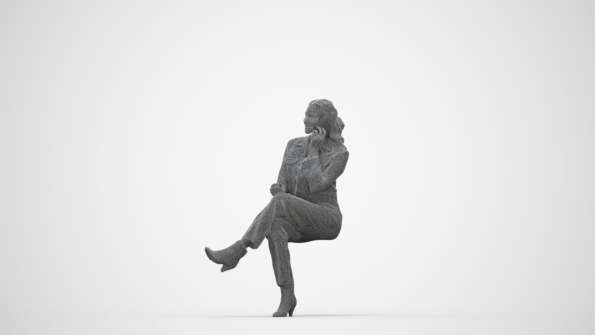 realistic 3D human woman business sitting, archviz people FBX OBJ for Blender, wireframe back view